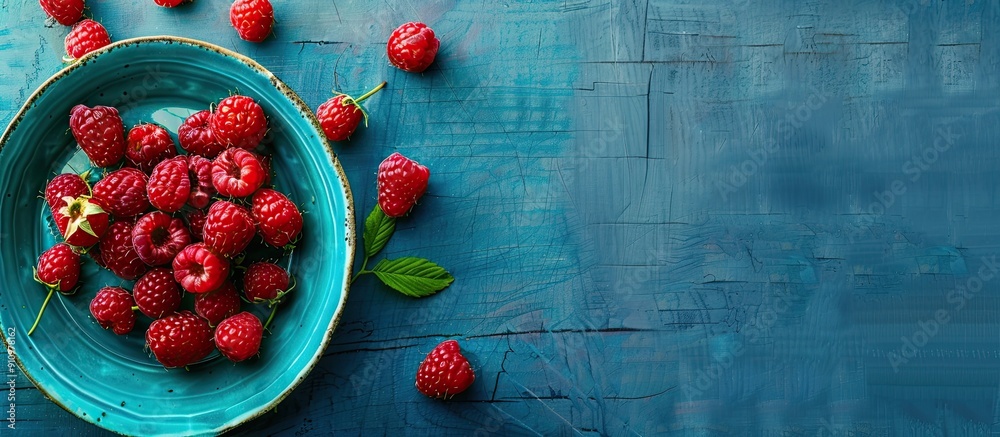 Poster a ceramic plate with fresh raspberries on a rustic blue desk providing a perfect background for a co