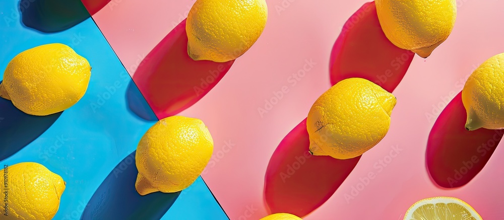 Poster Colorful background with lemons in a flat lay arrangement offering space for text within the image. copy space available