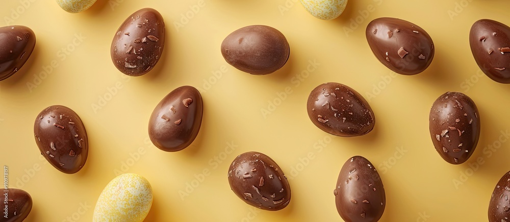 Poster top view of easter chocolate eggs candy on a soft yellow backdrop an imaginative flat lay concept wi