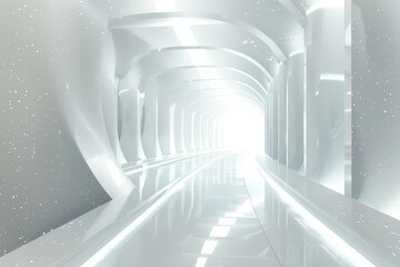 Naklejka premium abstract digital art depicting a quantum realm corridor sleek white surfaces with pulsating energy lines portallike openings to alternate dimensions and floating geometric shapes