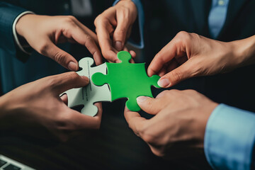hands holding a green puzzle piece with business people putting it together, concept for collaboration and team work
