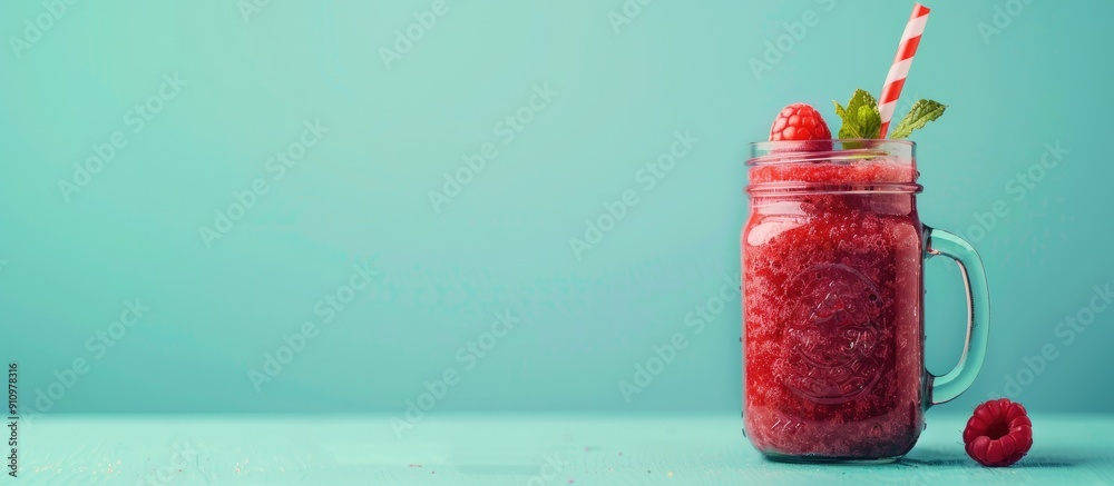 Aufkleber glass jar filled with a freshly blended red fruit smoothie positioned against a turquoise blue backd