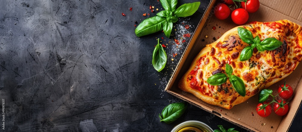 Aufkleber Cardboard boxed pizza calzone set on a dark backdrop with ample space for text alongside the image