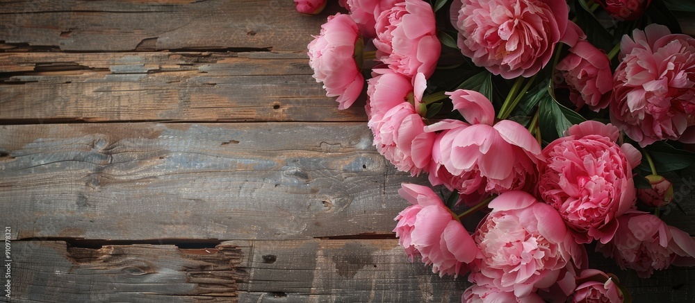 Leinwandbilder Floral peonies elegantly displayed on a rustic wooden background creating a visually appealing copy space image