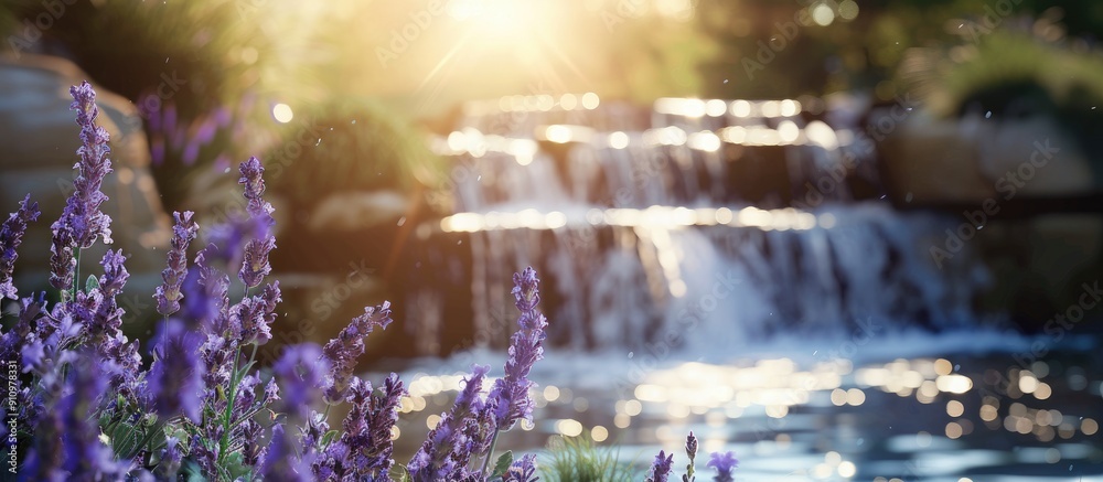 Poster sunny garden day with lavender blooms and a waterfall in the backdrop perfect for a copy space image