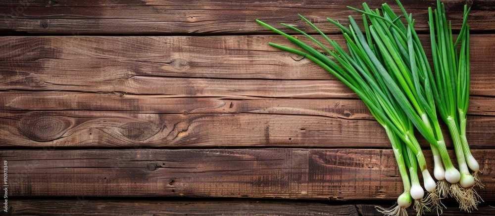 Poster wooden backdrop featuring fresh green onions room for text ideal for a copy space image