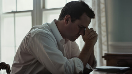 Obraz premium A pensive man in a white shirt sits at a desk, hands clasped in contemplation, framed by the soft light of a large window in the background.