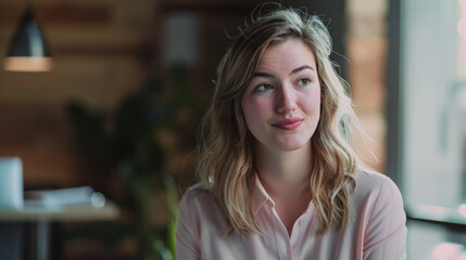 A young woman with a serene expression sits alone in a cozy coffee shop, gazing into the distance.