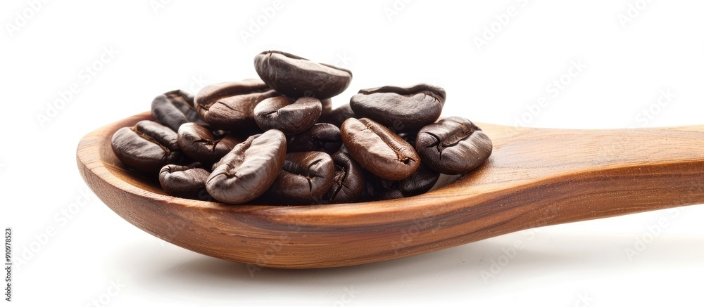 Poster coffee beans displayed on a wooden spoon against a white background with room for copy space image