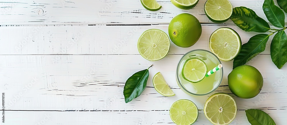 Leinwandbilder High angle shot of lime juice with a straw on a white wooden surface with a focused view Room for adding text or images in the picture. copy space available