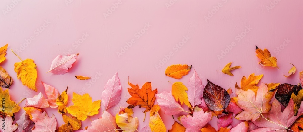 Aufkleber variety of colorful autumn leaves on a soft pink backdrop with copy space image