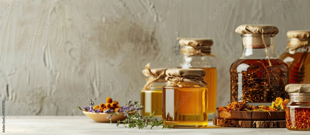 Poster Glass jars filled with fragrant honey displayed on a table with a light wall in the background perfect for a copy space image
