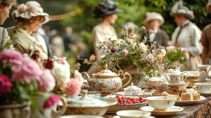 Elegant Victorian tea party setting with floral decorations and china teacups.