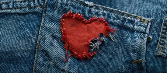 Close up of heart shaped patch on torn jeans with copy space image