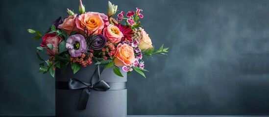Vibrant bouquet of flowers displayed in a stylish gray hat box Perfect floral arrangement great as a gift for a woman ideal for showcasing in a color catalog image with copy space