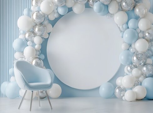 Beautiful baby blue, white, and silver balloon garland arch background with small chair and large empty round frame for customizable digital backdrop.