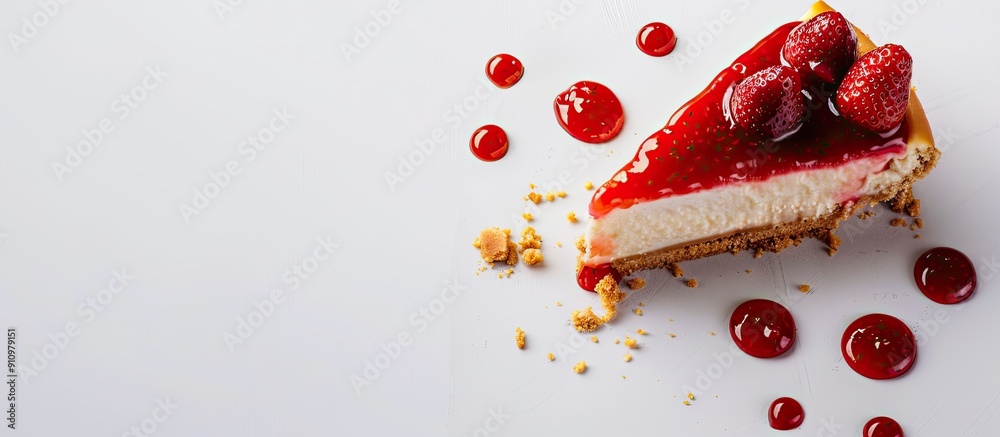 Aufkleber new york cheesecake topped with delicious strawberry sauce against a white background with ample cop