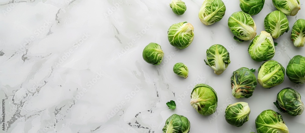Aufkleber flat lay of brussels sprouts on a white marble surface with space for text in the image. copy space 