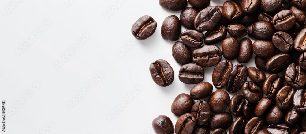 Poster Close up of a heap of coffee beans on a white background with copy space image perfect for text placement Begin your day with a fresh brew