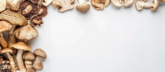 Obraz premium Empty table covered with a variety of dried mushrooms like porcini aspen and boletus on a white surface with clear space for text or images. copy space available