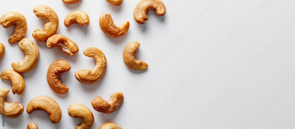 Aufkleber top view flat lay of roasted and salted cashew nuts on a white background with copy space image