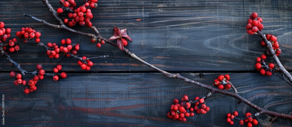 Aufkleber close up shot of a branch with vibrant dogwood berries against a dark wooden backdrop creating a str