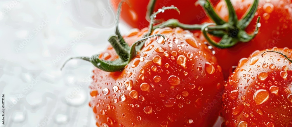 Poster close up view of fresh roma tomatoes with water drops isolated on a white background commonly known 
