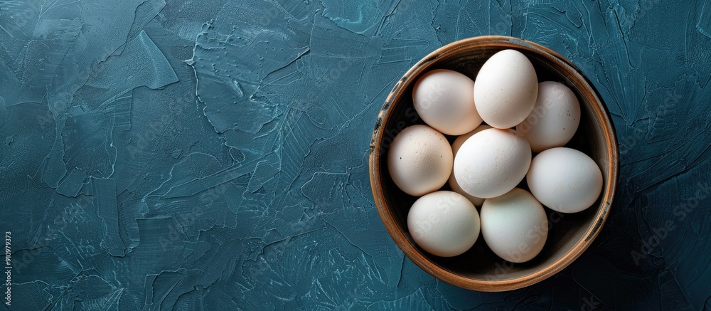 Poster directly above shot of white eggs in bowl on table with ample copy space for a fresh and healthy raw