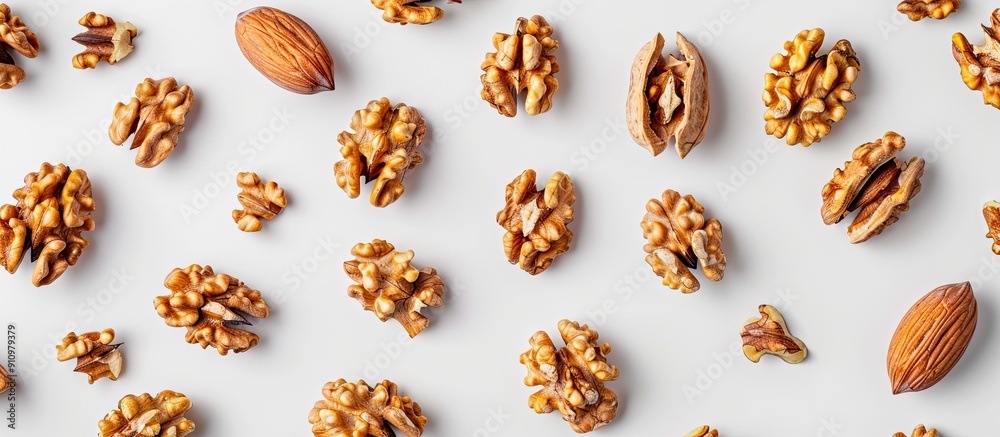 Poster Top down view of a unique background featuring walnut kernels on a white backdrop with ample space for additional content in the image
