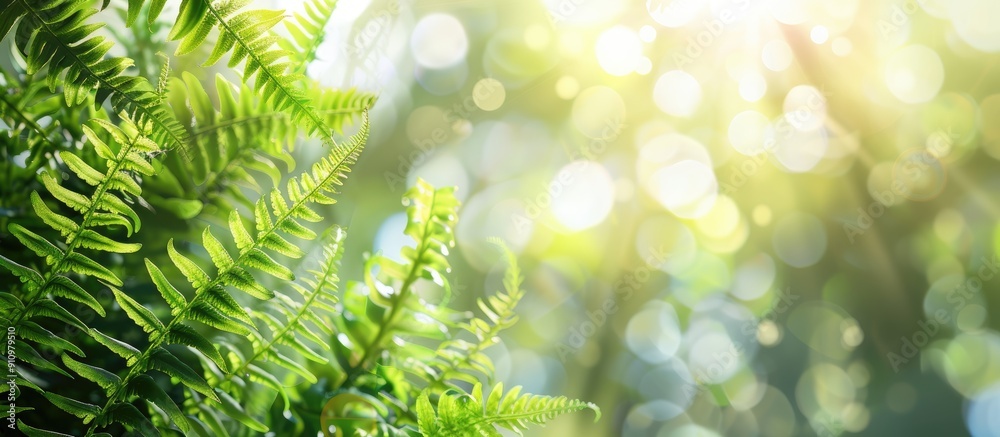 Sticker Green fern leaves in focus with a blurred garden backdrop and room for text perfect for copy space image