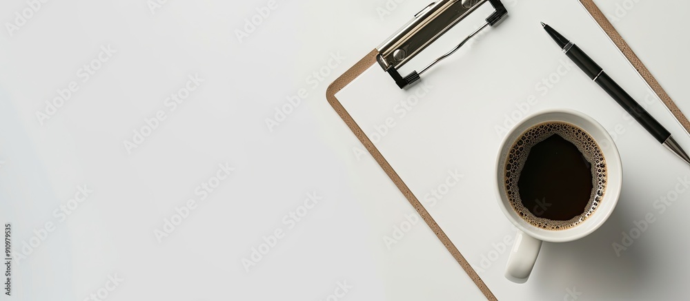 Aufkleber Creative coffee themed desk setup with a clipboard pen and mug on a white background for a flat lay top view image with copy space