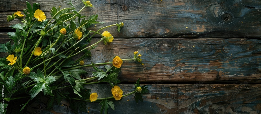 Poster a rustic textured table showcasing a bunch of green wild plants and yellow buttercups creating a mid