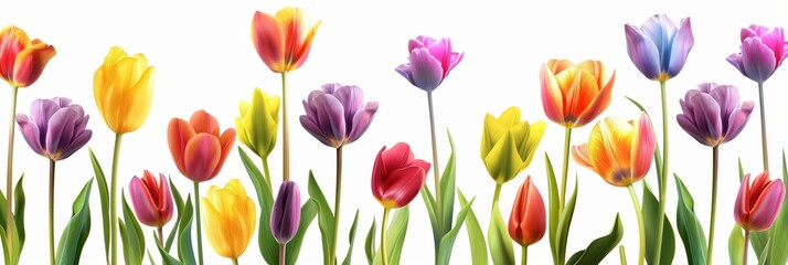 Obraz premium Multicolored tulips standing tall against a clear white background, representing renewal and the fresh beauty of springtime.