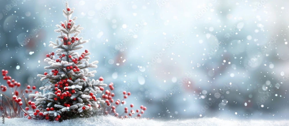 Poster winter holiday theme with a christmas tree red berries and snow effect on a background perfect for h