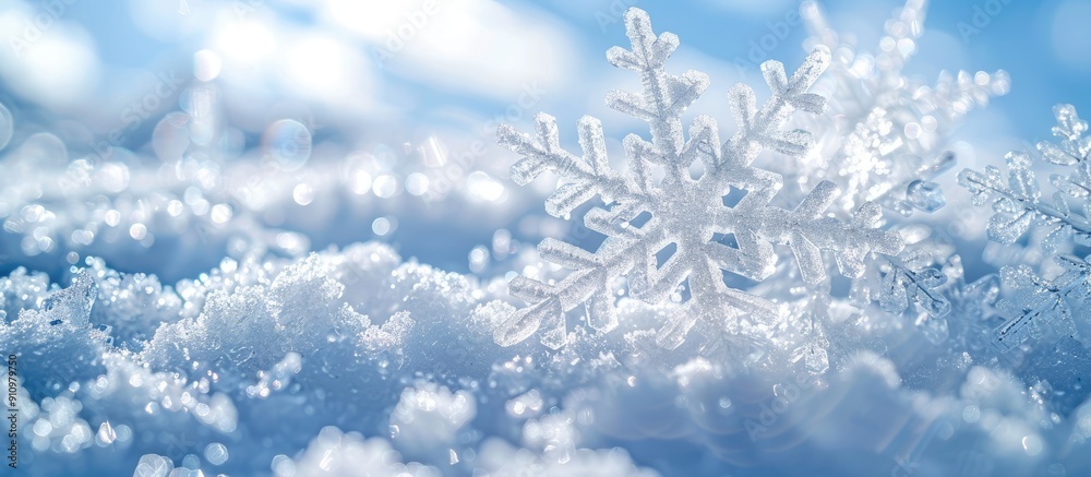 Poster Detailed closeup of large snowflakes on fresh clean snow set against a frosty day with a blue sky in the background ideal for a winter pattern with copy space image