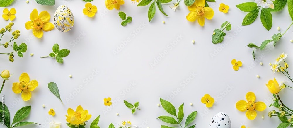 Poster easter greetings with a frame composed of yellow flowers green leaves and eggs on a white background