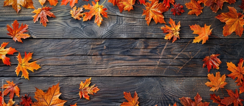 Aufkleber fall foliage on a wooden backdrop with ample copy space image