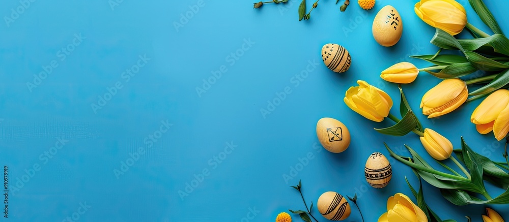 Poster a stunning composition with easter themed golden eggs yellow tulips and painted wooden eggs on a blu