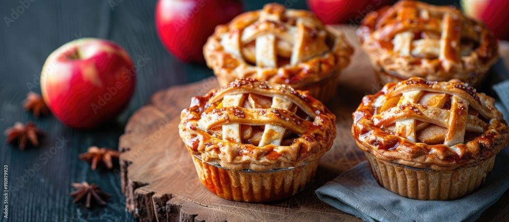 Poster Mini apple rose pies on a wooden board with a high angle view creating a visually appealing copy space image