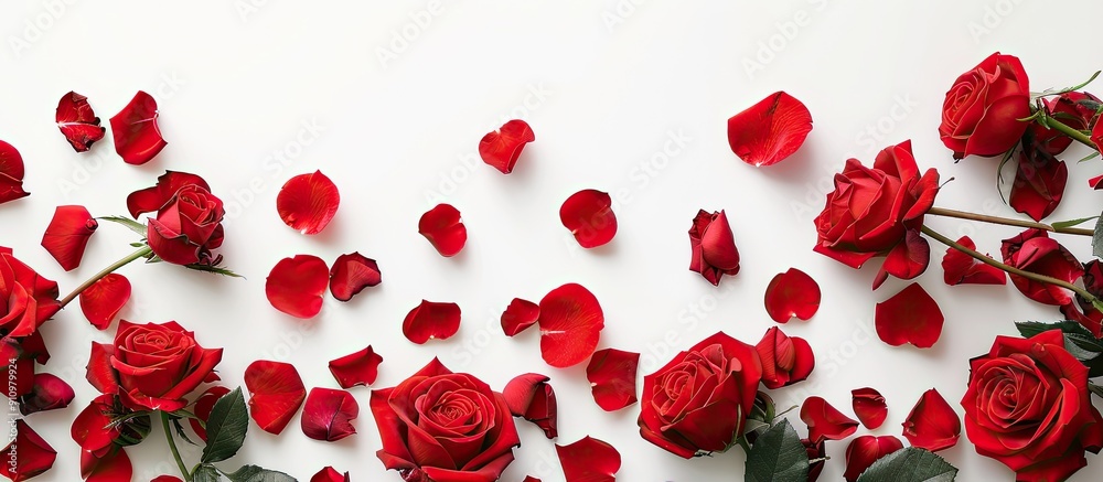 Leinwandbilder top down view of lovely red roses and petals on a white backdrop with room for text in the copy spac