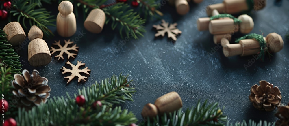 Poster paste text on rowan s christmas themed background of wooden toys and pine perfect for a copy space i
