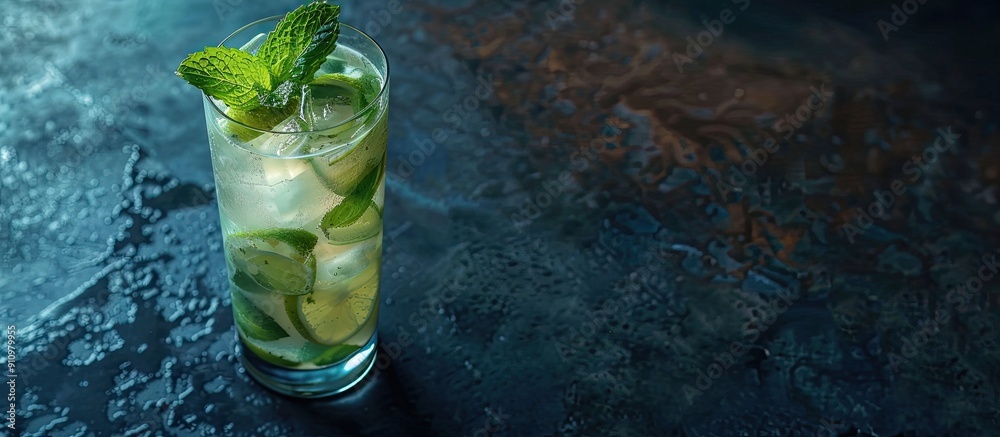Poster High angle view of a mojito cocktail on a dark slate background with ample copy space image