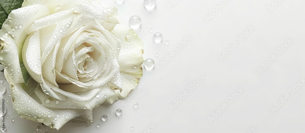 Canvas Prints White rose with dewdrops against a white backdrop with copy space image