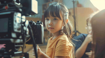 A young girl curiously looking at a professional camera setup, suggesting budding interest in photography or film making within a home studio environment.