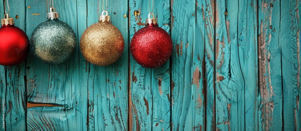 Poster close up photo of christmas ornaments displayed on a vibrant wooden backdrop offering space for addi