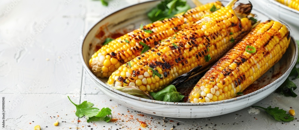 Poster grilled corn cobs in a bowl on a white tile table perfect for your copy space image