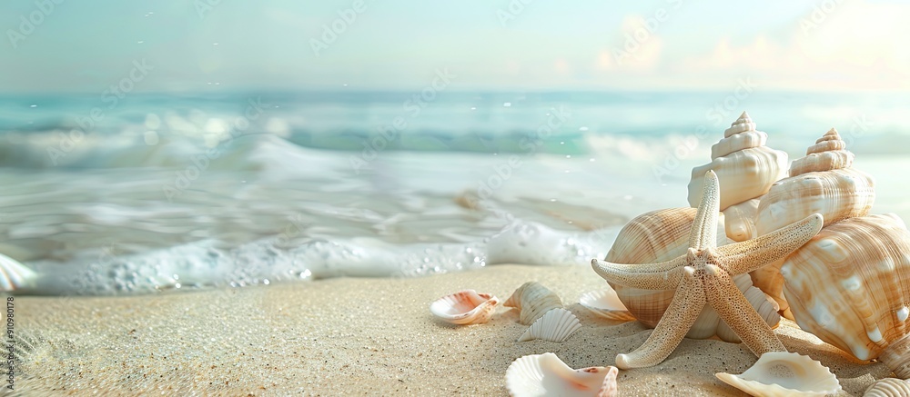 Poster a serene beach scene with seashells a starfish and a lovely copy space image