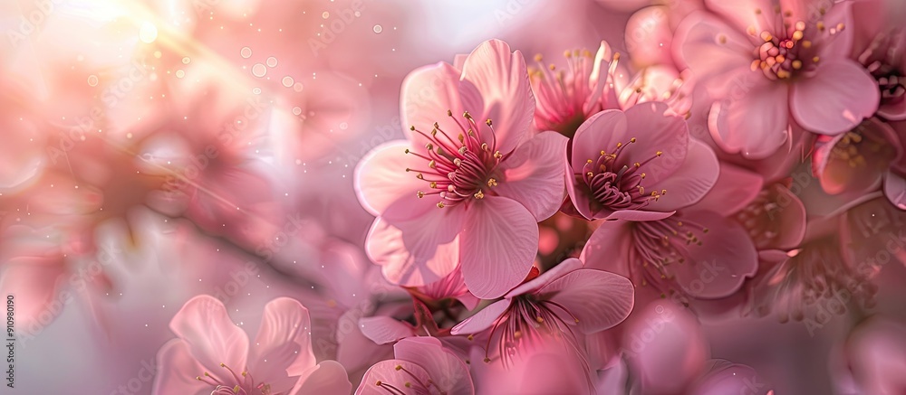 Sticker Close up of pink violet cherry blossom flowers on a tree with blossoming petals creating a bright floral scene with natural lighting ideal as a spring themed wallpaper with copy space image