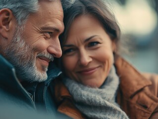 A close-up shot of a couple's faces, smiling and happy together