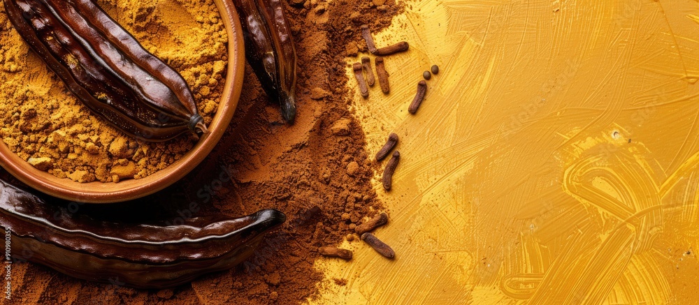 Poster top view of carob bean and powder on a yellow or brown background with copy space image